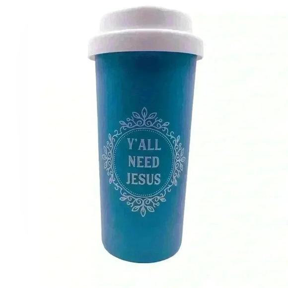 Double Wall Cup BPA Free Travel Hot Cold Plastic Blue & White Y’all Need Jesus - Picture 1 of 5